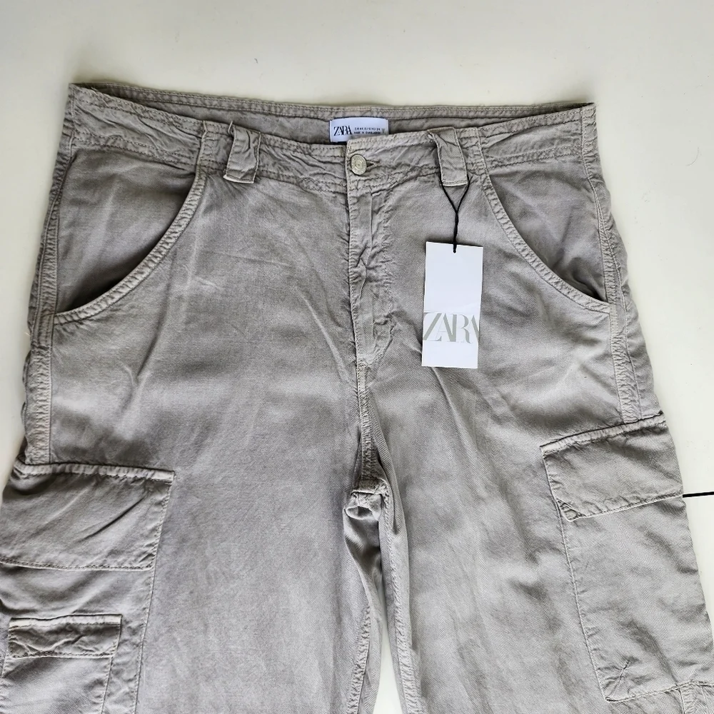 NWT $49 Zara Women Wide-Leg Cargo Pants Gray Chambray Linen Beach Boho 44 US 12